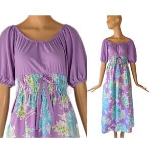1970s lilac floral long maxi‎ print bow front detail dress day dress bow detail